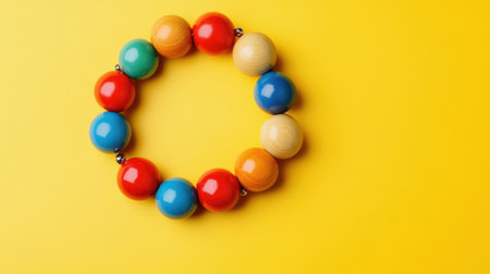 This image showcases a vibrant arrangement of wooden beads in various colors, set against a bright yellow background, ideal for children's crafts and creative projects.の素材