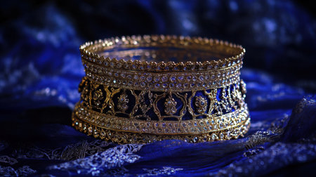 A stunning gold and diamond bangle rests elegantly on rich blue fabric, showcasing intricate designs and shimmering details that highlight its luxury.の素材