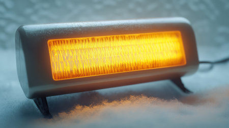 A compact electric heater stands out with a warm, glowing light against a backdrop of soft snow, providing comfort during cold winter days.の素材