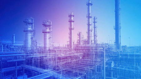 A vibrant industrial landscape featuring refineries and extensive pipelines under a captivating blue and pink sky. This image captures the essence of modern manufacturing and energy production.の素材