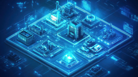 Explore a stunning digital cityscape highlighting futuristic buildings illuminated in bright blue neon colors. Ideal for technology and innovation themes.の素材