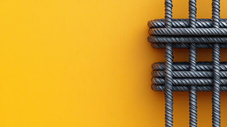 This striking image features a close-up of intertwined metal wires against a bright yellow background. It represents industrial design and creativity, ideal for modern artwork or construction concepts.の素材