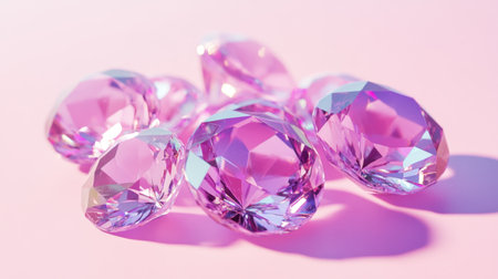 A stunning collection of sparkling pink gems resting on a soft pink background, showcasing beauty and elegance perfect for luxury decoration and creative projects.の素材