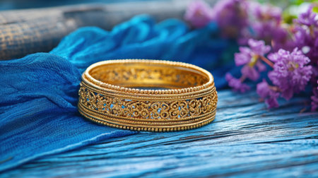 This stunning gold bracelet features intricate designs, resting beautifully on a blue fabric backdrop alongside delicate flowers, showcasing elegance and craftsmanship.の素材