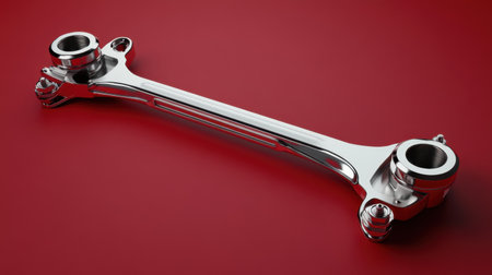 A detailed image of a glossy metal automotive component resting on a vibrant red background. This photo highlights reflections, textures, and precision engineering.の素材