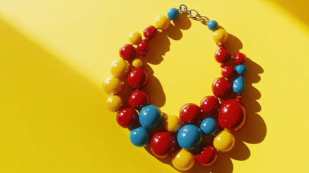 This vibrant statement necklace features round beads in red, yellow, and blue, creating a playful and stylish accessory perfect for any outfit.の素材