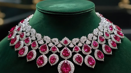 Stunning ruby and diamond necklace shines on green velvet, showcasing exquisite craftsmanship and opulent design, perfect for luxury jewelry displays.の素材