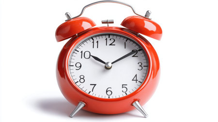 This vintage red alarm clock features a classic design with a round face and twin bells, symbolizing nostalgia and punctuality in a minimalist style.の素材