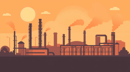 An industrial landscape illustrating a factory scene at sunset, featuring smokestacks releasing smoke into a glowing orange sky, showcasing industrialization.の素材
