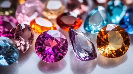 An exquisite display of colorful gemstones showcasing various shapes and cuts. Ideal for use in jewelry designs and artistic crafting projects.の素材