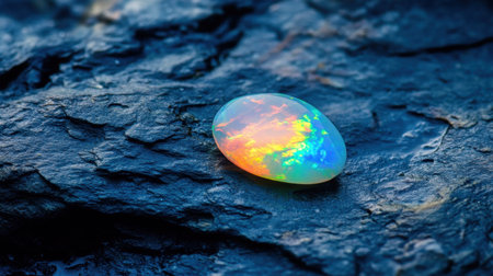 A stunning iridescent opal gemstone resting on a dark rock surface, displaying a spectrum of vibrant colors. The interplay of light and texture creates a captivating natural beauty, perfect for showcasing elegance and luxury in design.の素材