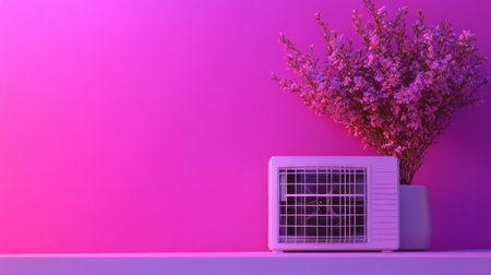 A sleek air conditioner sits beside a beautiful arrangement of pink flowers, creating a fresh and stylish ambiance in a modern interior. Ideal for summer settings.の素材