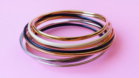 A vibrant collection of bangles showcasing modern design elements on a soft pink background, perfect for fashion enthusiasts and jewelry lovers.の素材