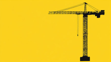 This striking image features a black silhouette of a construction crane against a bright yellow background, symbolizing urban development and progress.の素材