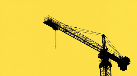A striking silhouette of a construction crane is showcased against a vibrant yellow background, symbolizing urban development and industrial energy in architecture.の素材