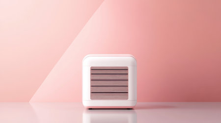 A stylish and modern desk fan placed on a soft pink surface, perfect for adding a contemporary touch to home or office decor while providing refreshing airflow.の素材