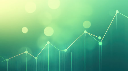 This abstract image features a growing line graph on a soft green background with bokeh effects, perfect for financial presentations and analytics themes.の素材