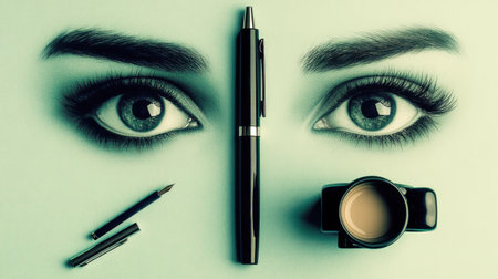 This captivating image features close-up of beautiful female eyes, surrounded by minimalist desk items on a soft green background, evoking creativity and calm.の素材