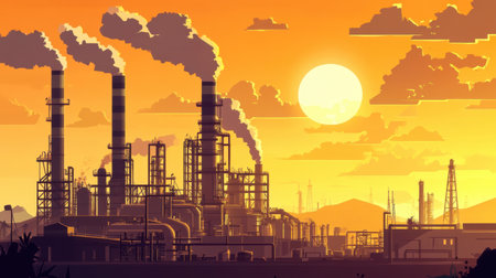A vibrant industrial scene showcases smokestacks emitting smoke against a stunning sunset backdrop. The silhouetted machinery represents the energy sector's impact on the landscape.の素材