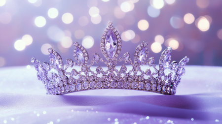 A stunning tiara adorned with sparkling gemstones rests elegantly on a soft purple surface, surrounded by dreamy bokeh lights. Perfect for themes of royalty and glamour.の素材