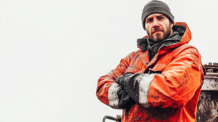 A confident worker in an orange jacket and beanie stands against a stark snowy background, embodying dedication and resilience in a cold environment.の素材