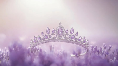 A stunning tiara adorned with sparkling purple gemstones rests gently among soft lavender flowers, creating a whimsical and enchanting scene.の素材