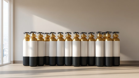 A well-organized collection of fire extinguishers in a minimalist interior space, showcasing the importance of fire safety equipment in modern settings.の素材
