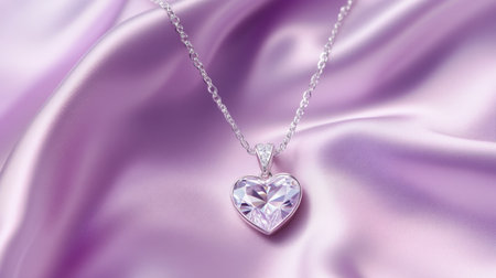 This exquisite heart-shaped pendant features a brilliant gem, glistening gracefully against a soft satin fabric background, ideal for romantic occasions.の素材
