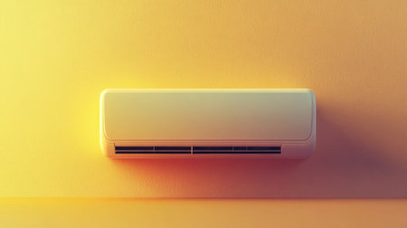 A sleek and modern wall-mounted air conditioner stands out against a vibrant yellow wall, offering both aesthetic appeal and efficient cooling for any interior space.の素材