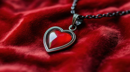 This stunning heart-shaped pendant in red is elegantly set against luxurious velvet, showcasing its glossy finish and intricate details, perfect for gifts.の素材