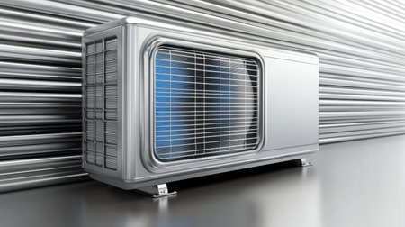This image showcases a modern air conditioning unit, designed for effective climate control in residential or office settings. The sleek metallic design ensures both functionality and style.の素材