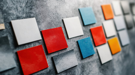 Vibrant square tiles arranged on a textured wall, showcasing a diverse color palette that inspires modern interior design and creative decorating ideas.の素材