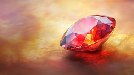 A striking red gemstone glimmers on a beautifully blurred background, showcasing intricate facets and vivid reflections of light, evoking luxury and elegance.の素材