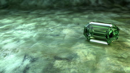 A breathtaking close-up view of a green gemstone resting on a soft and textured surface. The interplay of light creates an alluring sparkle and showcases the gemstone's elegance.の素材