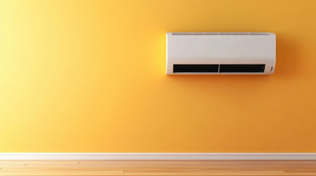 This image features a sleek, modern air conditioning unit mounted on a vibrant yellow wall, designed to enhance indoor comfort in stylish settings.の素材