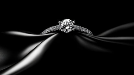 A stunning diamond engagement ring showcases a brilliant stone set atop a delicate band, resting on luxurious black silk fabric, exuding elegance.の素材
