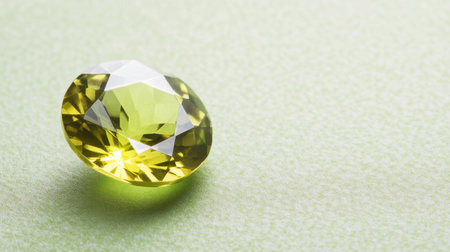 A stunning yellow gemstone resting on a soft green surface, showcasing its intricate facets and sparkling reflections. Ideal for design and beauty themes.の素材
