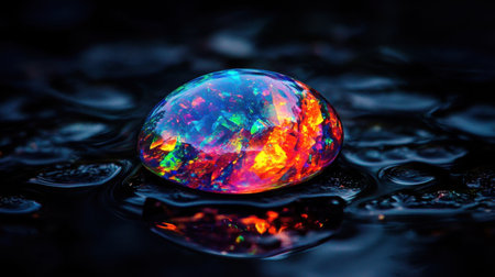A captivating opal gemstone displayed with vibrant colors and reflections on a dark surface, perfect for art and jewelry concepts showcasing natural beauty.の素材