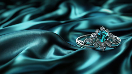 This stunning image showcases an elegant silver ring featuring a vibrant blue gemstone, beautifully contrasted against a rich satin fabric background.の素材