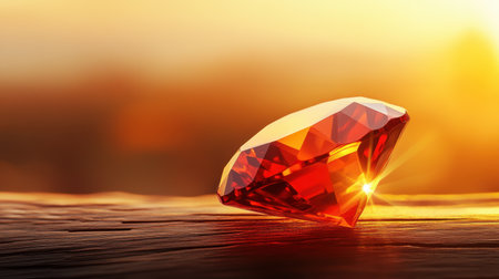 A stunning orange gemstone sparkles brilliantly against a warm twilight backdrop, resting elegantly on a textured wooden surface, highlighting its clarity and vibrant hue.の素材