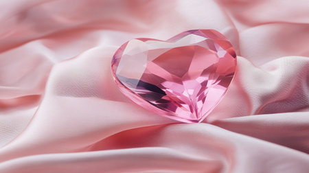 A stunning pink heart-shaped crystal gem rests gracefully on smooth pink silk fabric, perfect for romantic themes, elegant designs, or creative projects.の素材
