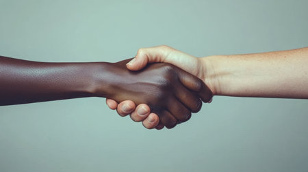 A close-up image showcasing a diverse handshake between two individuals, emphasizing themes of unity and cooperation across cultures and backgrounds.の素材