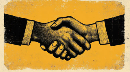 This striking illustration features two hands shaking on a vibrant orange background, symbolizing agreement, collaboration, and trust. Perfect for themes of partnership and teamwork.の素材