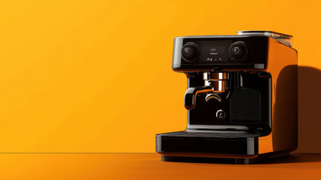This stylish black espresso machine stands confidently against a vibrant orange backdrop, showcasing modern design and culinary elegance perfect for coffee lovers.の素材