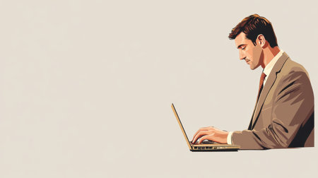 A professional male dressed in a stylish suit is deeply focused on his laptop, embodying a sense of concentration and modern business lifestyle.の素材