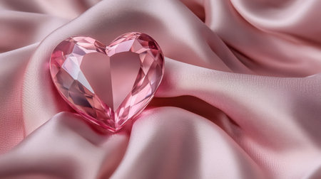 This beautiful image features a sparkling pink heart-shaped crystal resting on a soft pink satin fabric, evoking feelings of love, elegance, and beauty.の素材