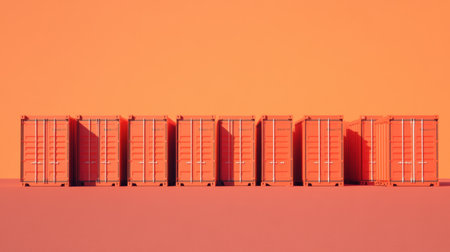 A series of delivery containers lined up against a bold orange background, showcasing modern industrial aesthetics and minimalistic design useful for various creative projects.の素材