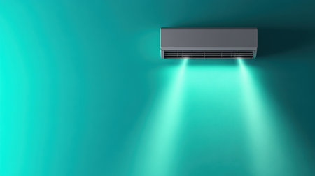 This image features a modern wall-mounted air conditioning unit installed on a bright blue wall, radiating light beams that enhance the ambiance. Ideal for illustrating home comfort and effective cooling solutions.の素材