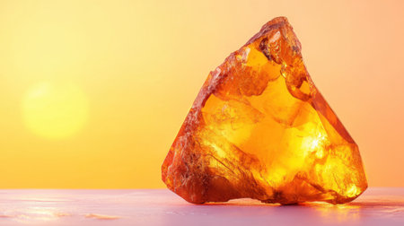 A stunning amber stone radiates warm orange and yellow hues, beautifully illuminated by soft sunlight, creating a vibrant natural artwork.の素材
