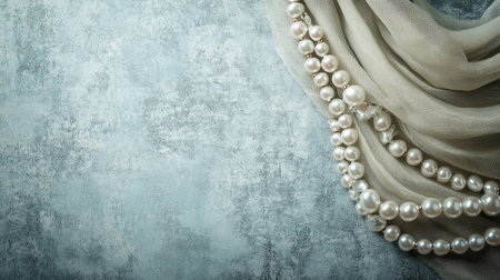 This image showcases a beautiful arrangement of elegant white pearls resting on a soft fabric background, perfect for highlighting jewelry and fashion themes.の素材